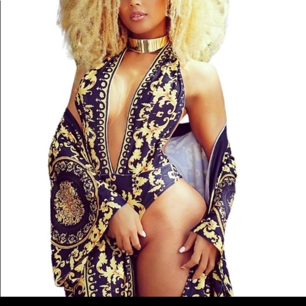Black and Gold Halter swim suit with robe